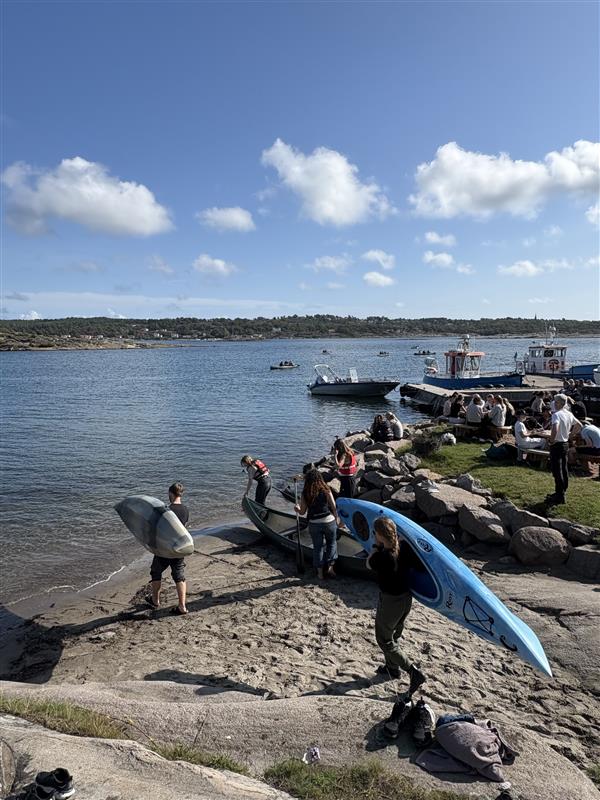 En gruppe mennesker med surfebrett på en steinete strand