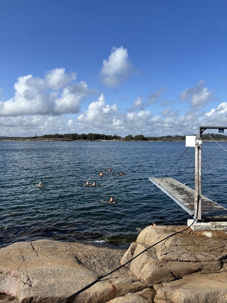 En gruppe mennesker som svømmer i en innsjø