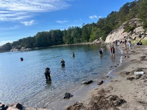 En gruppe mennesker på en strand
