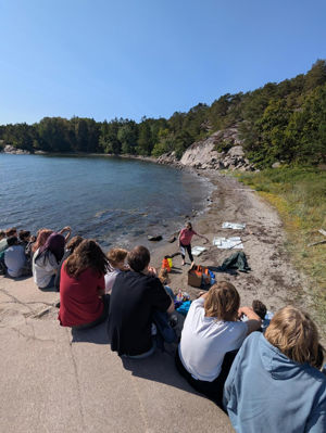 En gruppe mennesker som sitter på en strand og ser på et vann