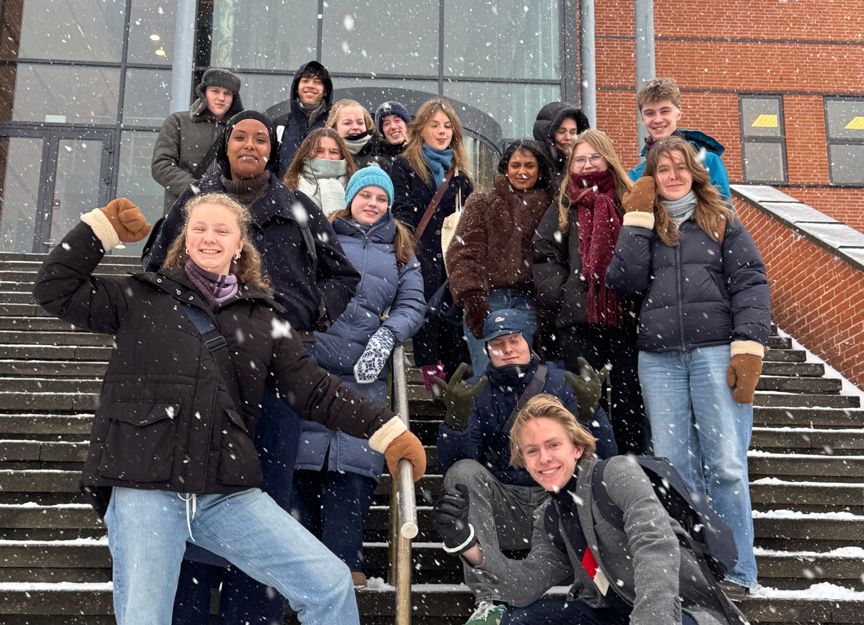 en gruppe mennesker som poserer for et bilde på noen trapper